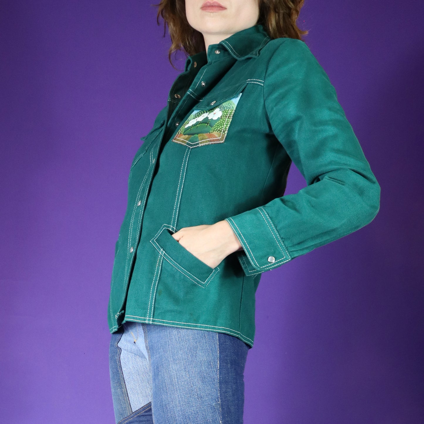 Vintage 1970s Roncelli Hand Painted Green Denim Jacket