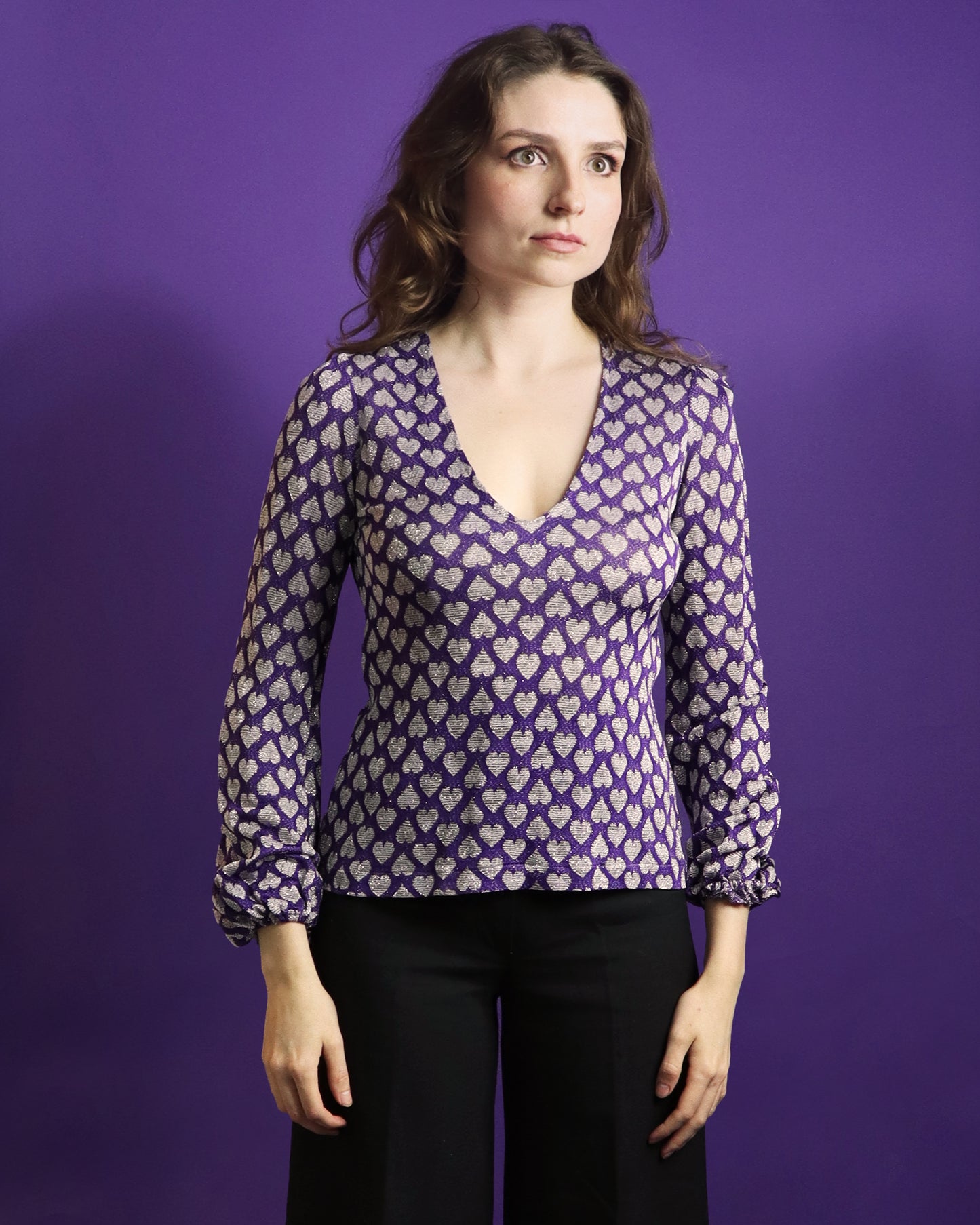 Vintage 1970s Purple Love Heart Lurex Blouse
