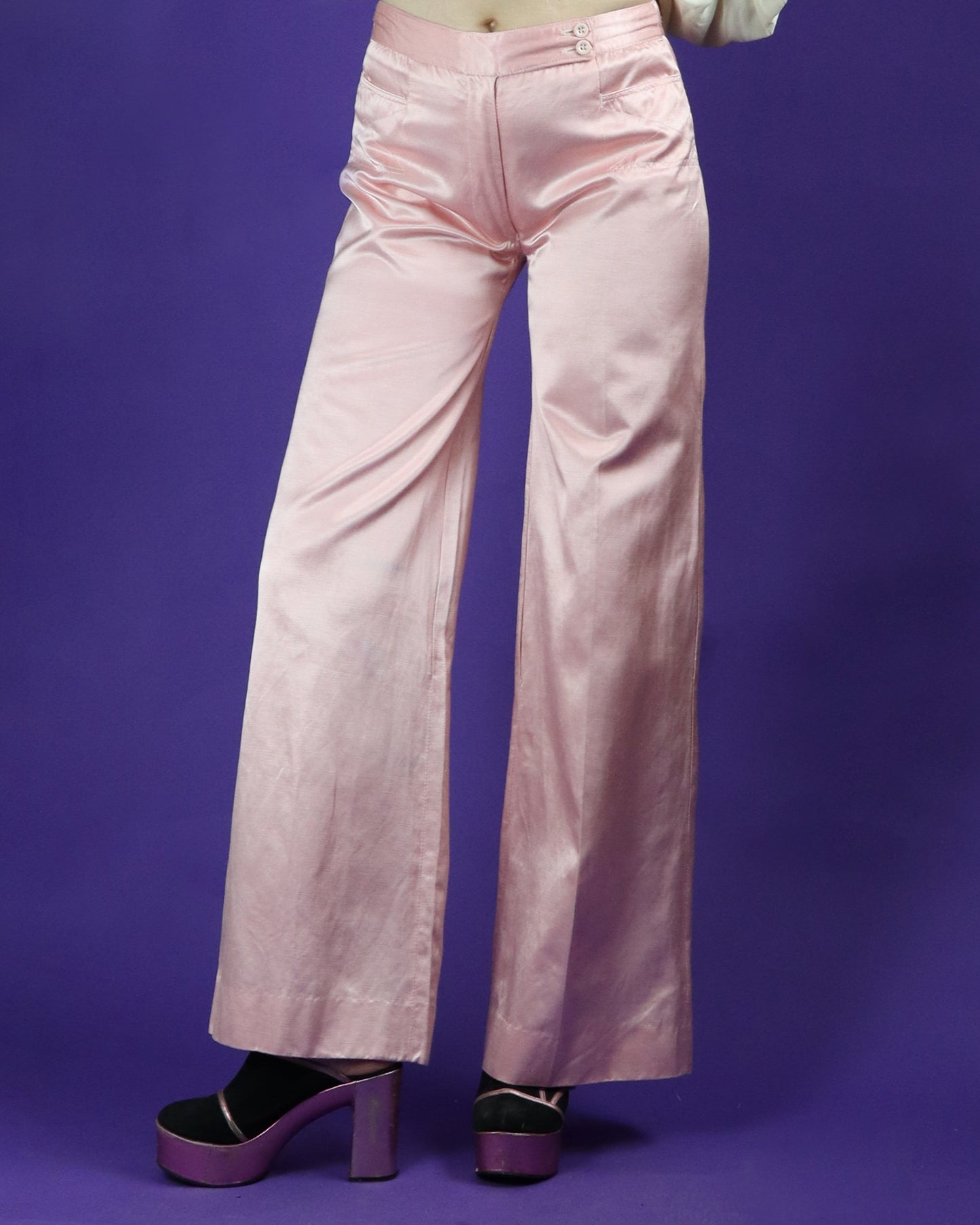 Vintage 1970s Jeff Banks Pink Satin Flares