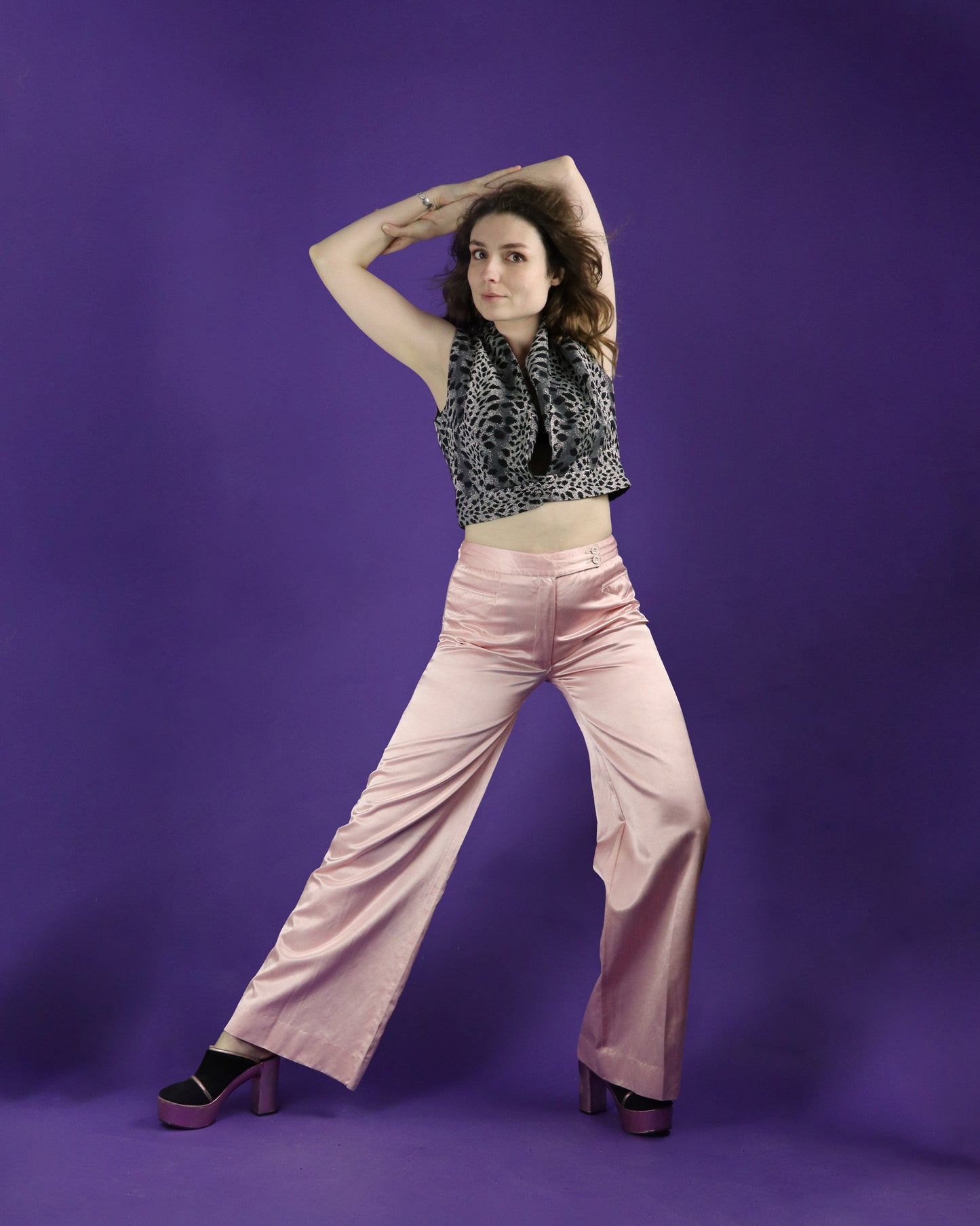 Vintage 1970s Jeff Banks Pink Satin Flares