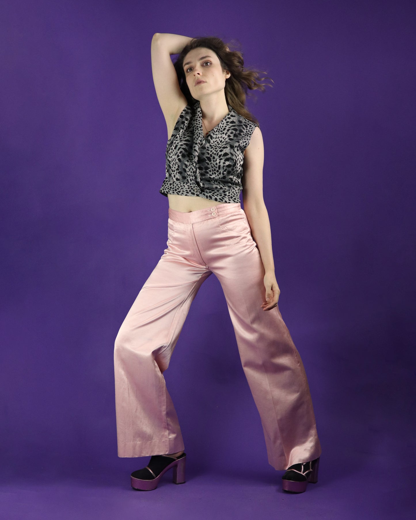 Vintage 1970s Jeff Banks Pink Satin Flares