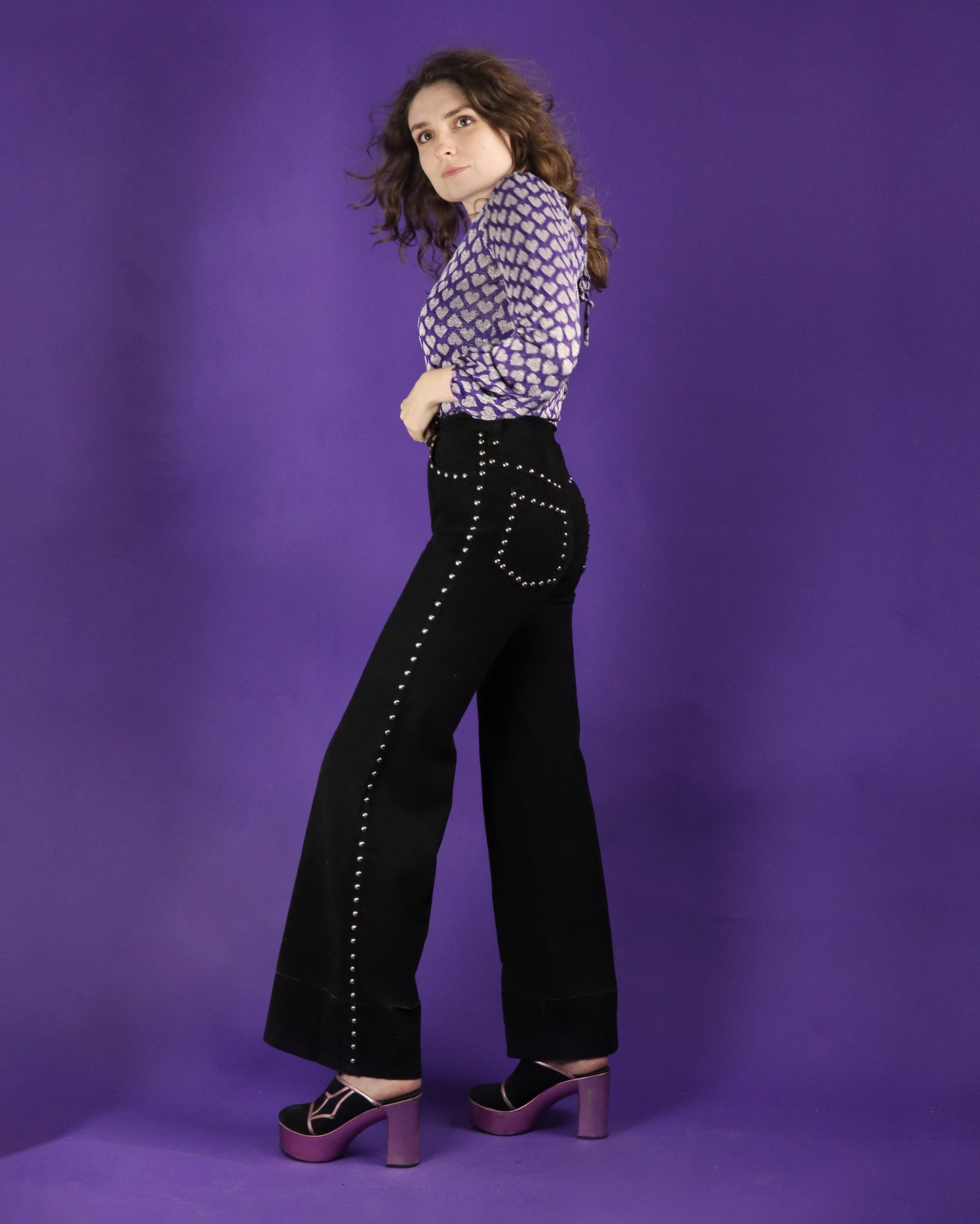 Vintage 1970s Roncelli Studded Black Flares Jeans
