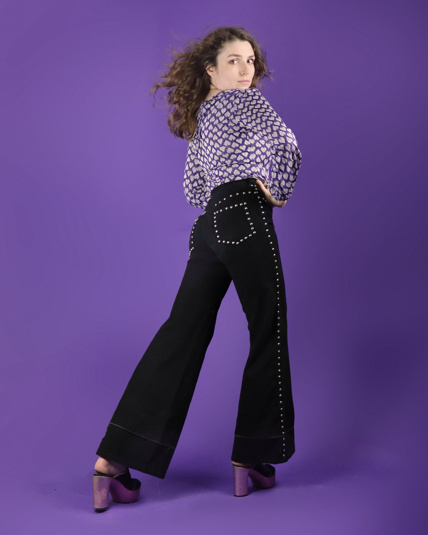 Vintage 1970s Roncelli Studded Black Flares Jeans