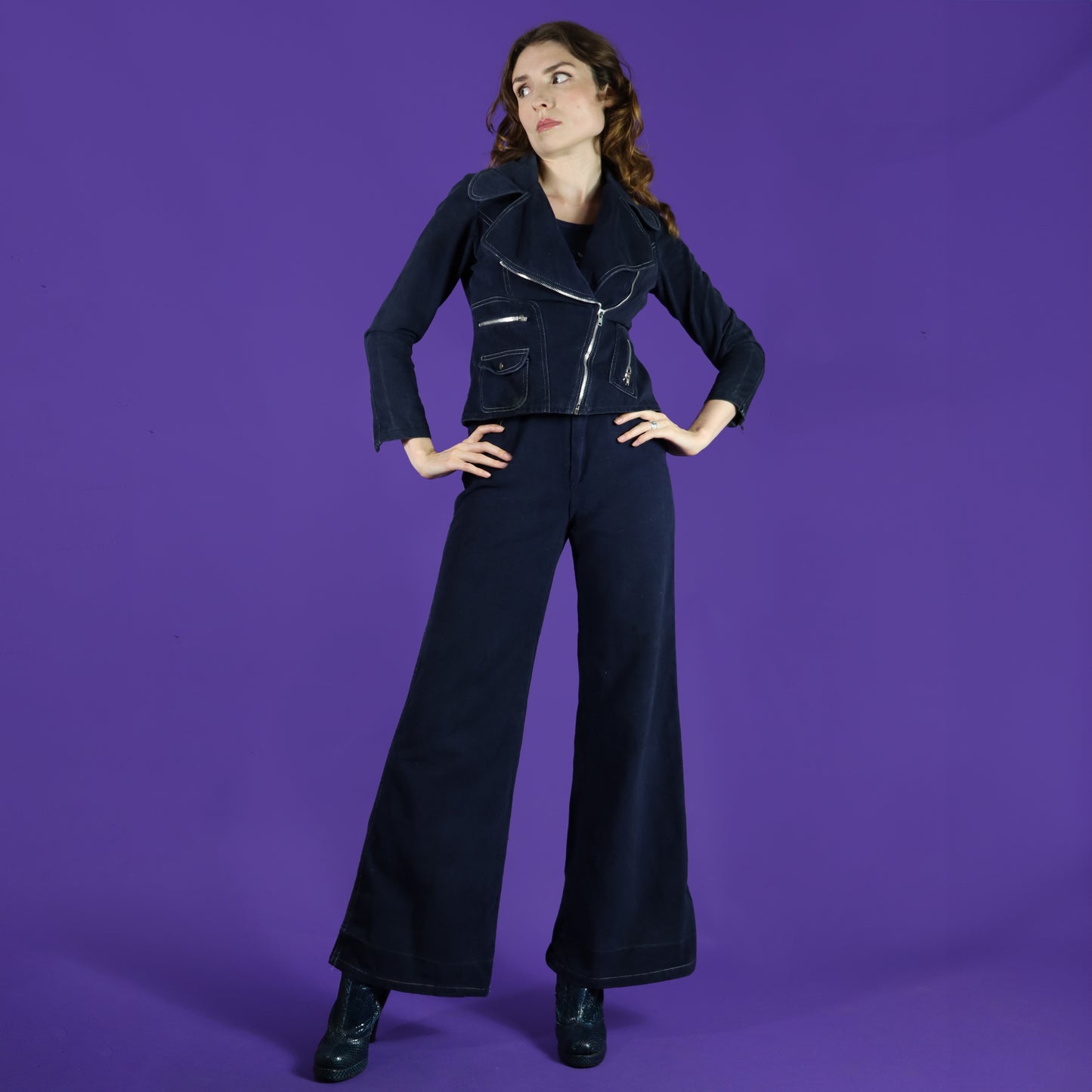 Vintage 1970s Navy Blue Moto jacket Trouser Suit