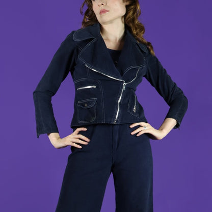 Vintage 1970s Navy Blue Moto jacket Trouser Suit