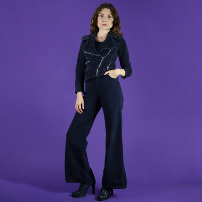 Vintage 1970s Navy Blue Moto jacket Trouser Suit