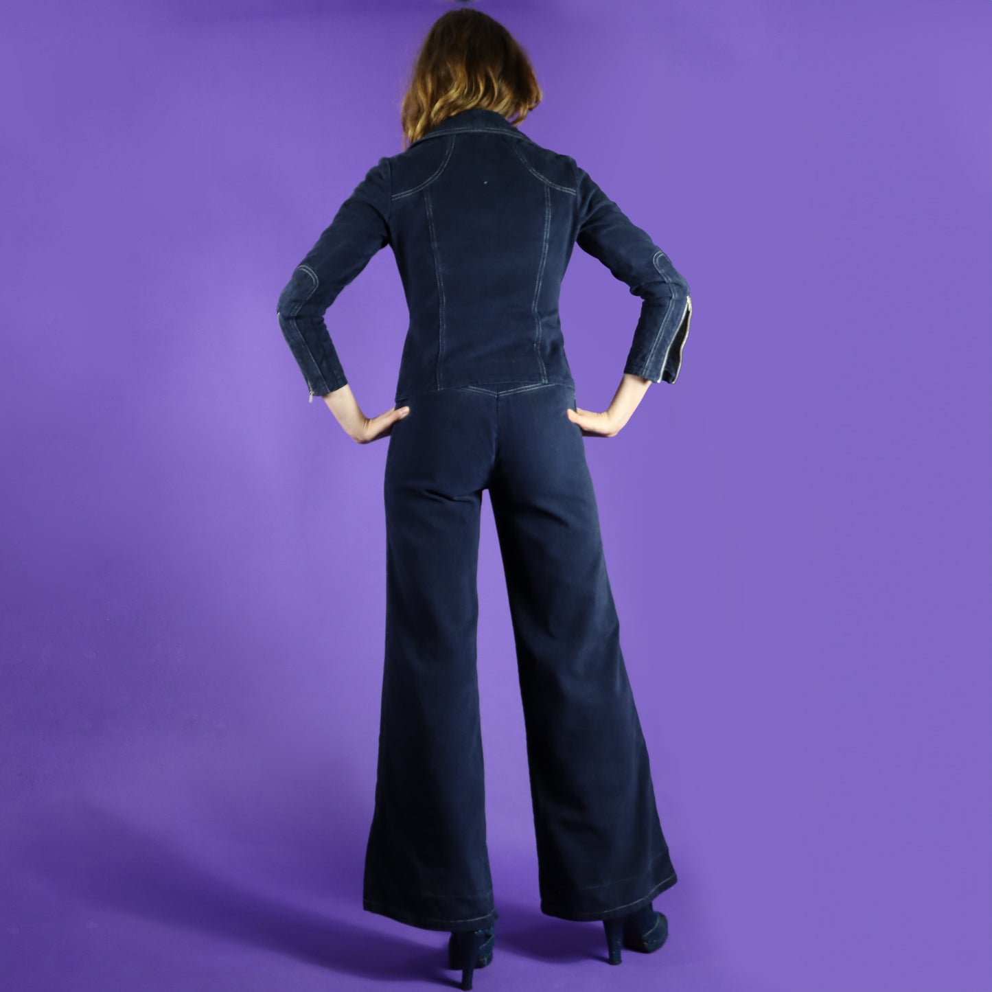 Vintage 1970s Navy Blue Moto jacket Trouser Suit