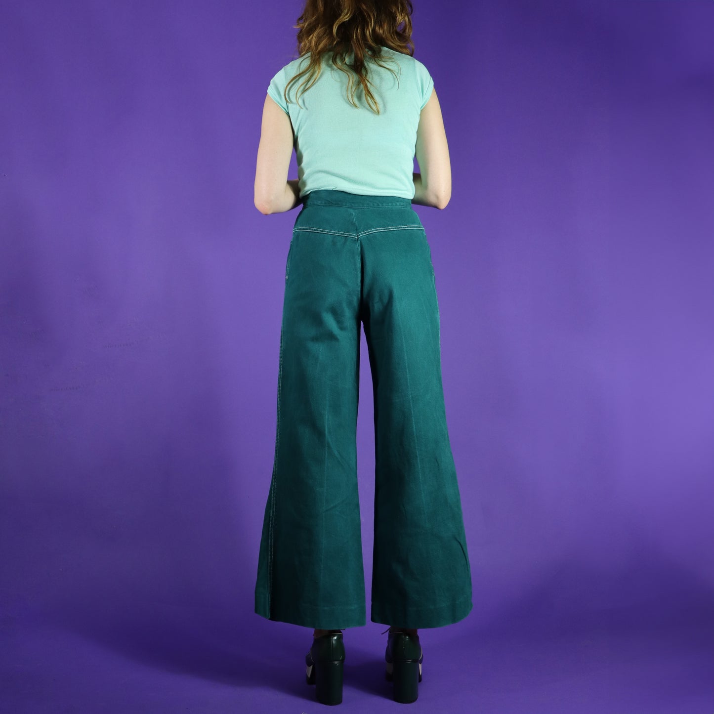 Vintage 1970s Roncelli Hand Painted Back Bottle Green Trouser Suit