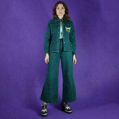 Vintage 1970s Roncelli Hand Painted Back Bottle Green Trouser Suit