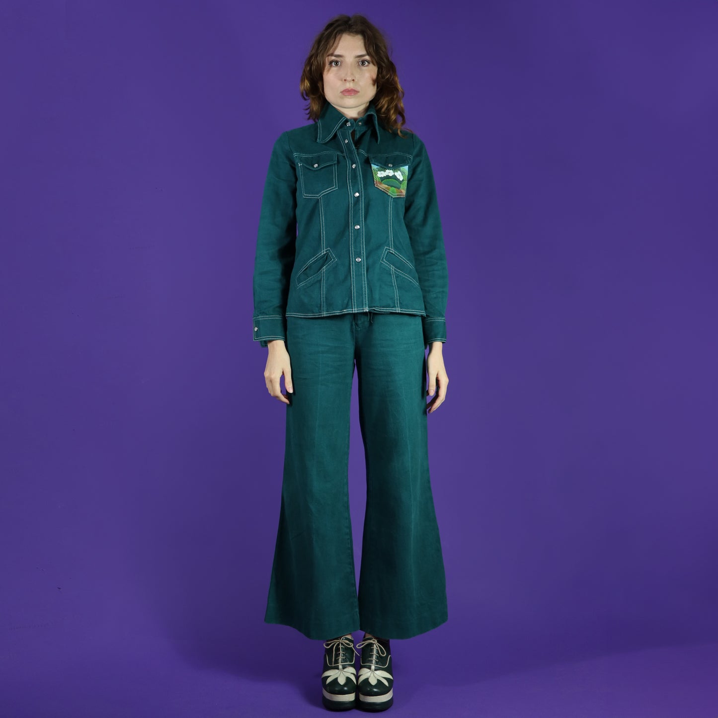 Vintage 1970s Roncelli Hand Painted Back Bottle Green Trouser Suit