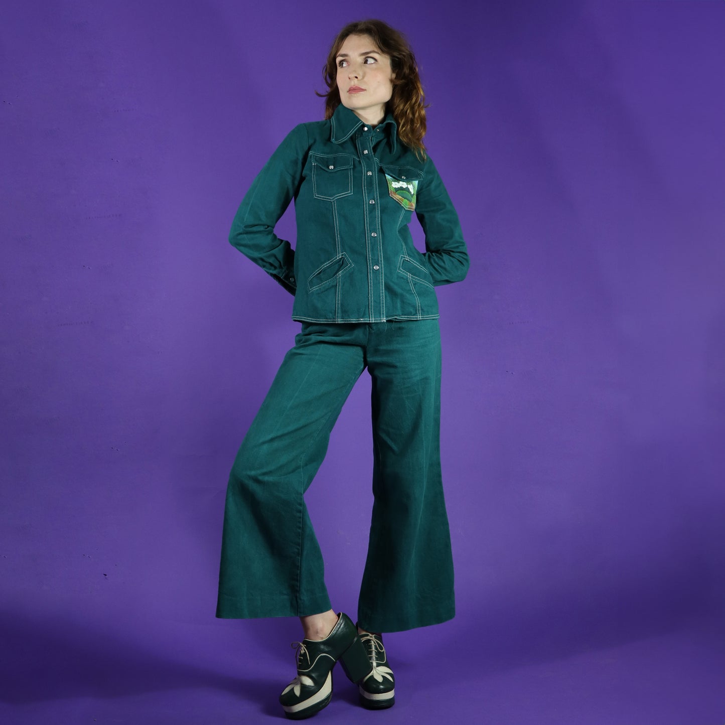 Vintage 1970s Roncelli Hand Painted Back Bottle Green Trouser Suit