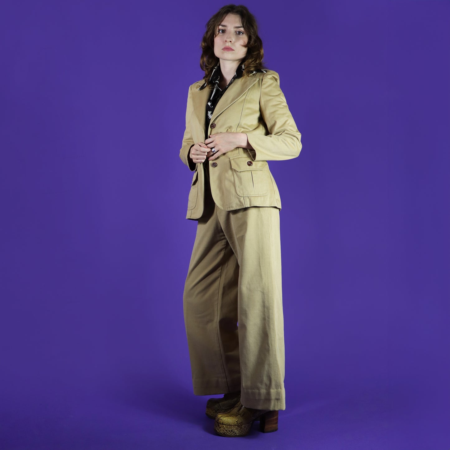 RESERVE: Vintage 1970s Camel Safari style Trouser Suit