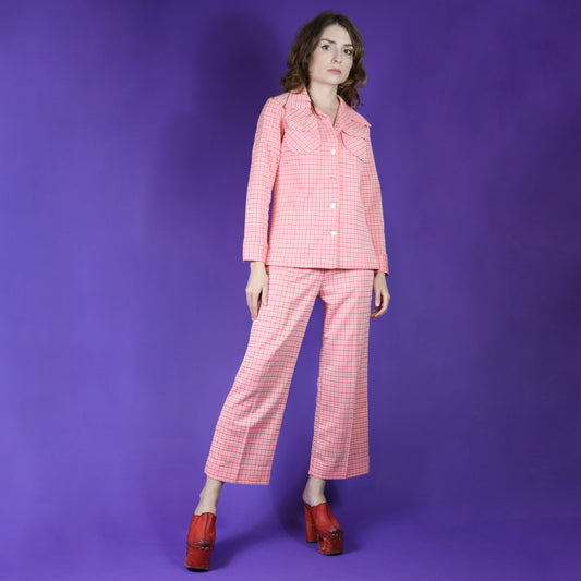 Vintage 1970s Gingham Leisure Pant Suit Pink