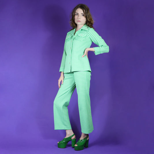 Vintage 1970s Gingham Leisure Pant Suit Green