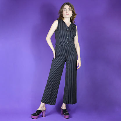 Vintage 1970s Black Pinstripe 3 Piece Pant Suit