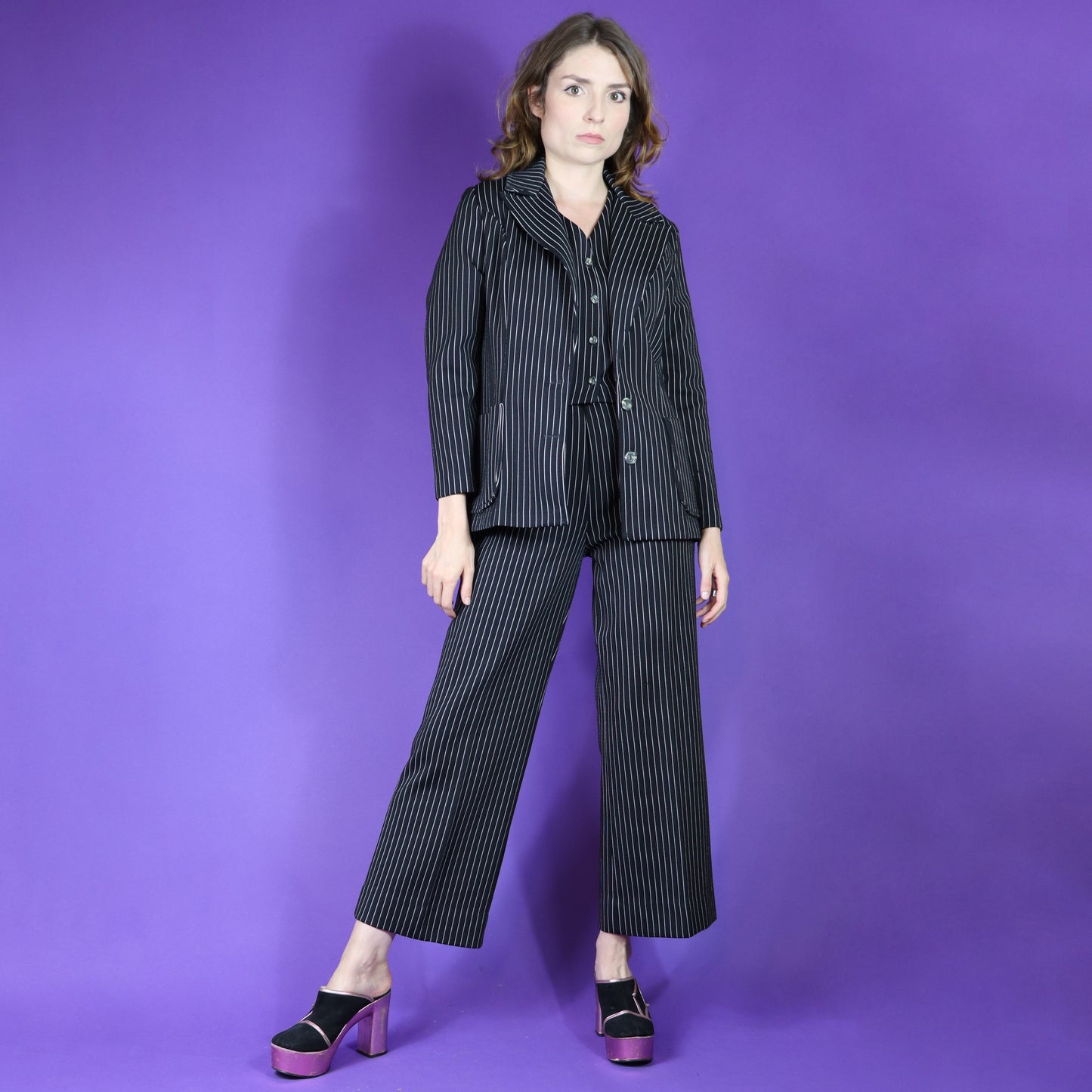 Vintage 1970s Black Pinstripe 3 Piece Pant Suit