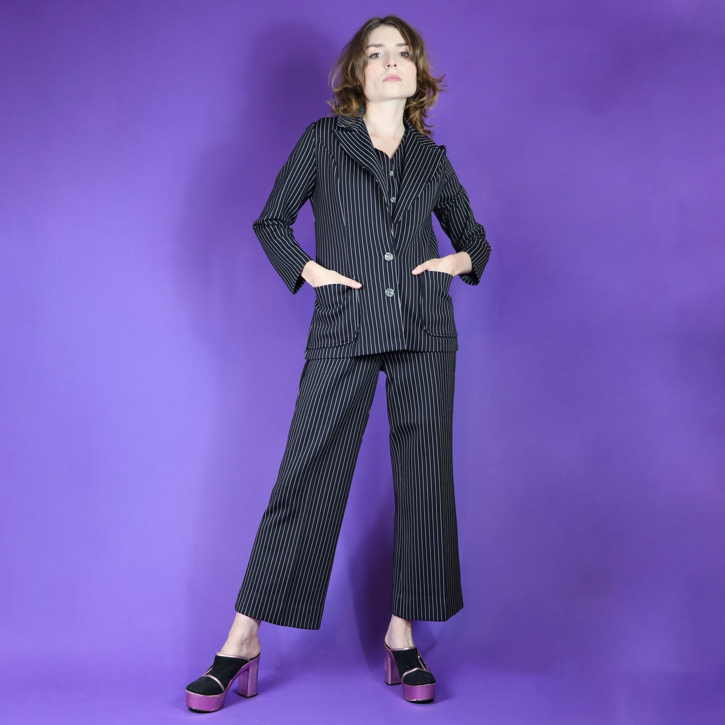 Vintage 1970s Black Pinstripe 3 Piece Pant Suit