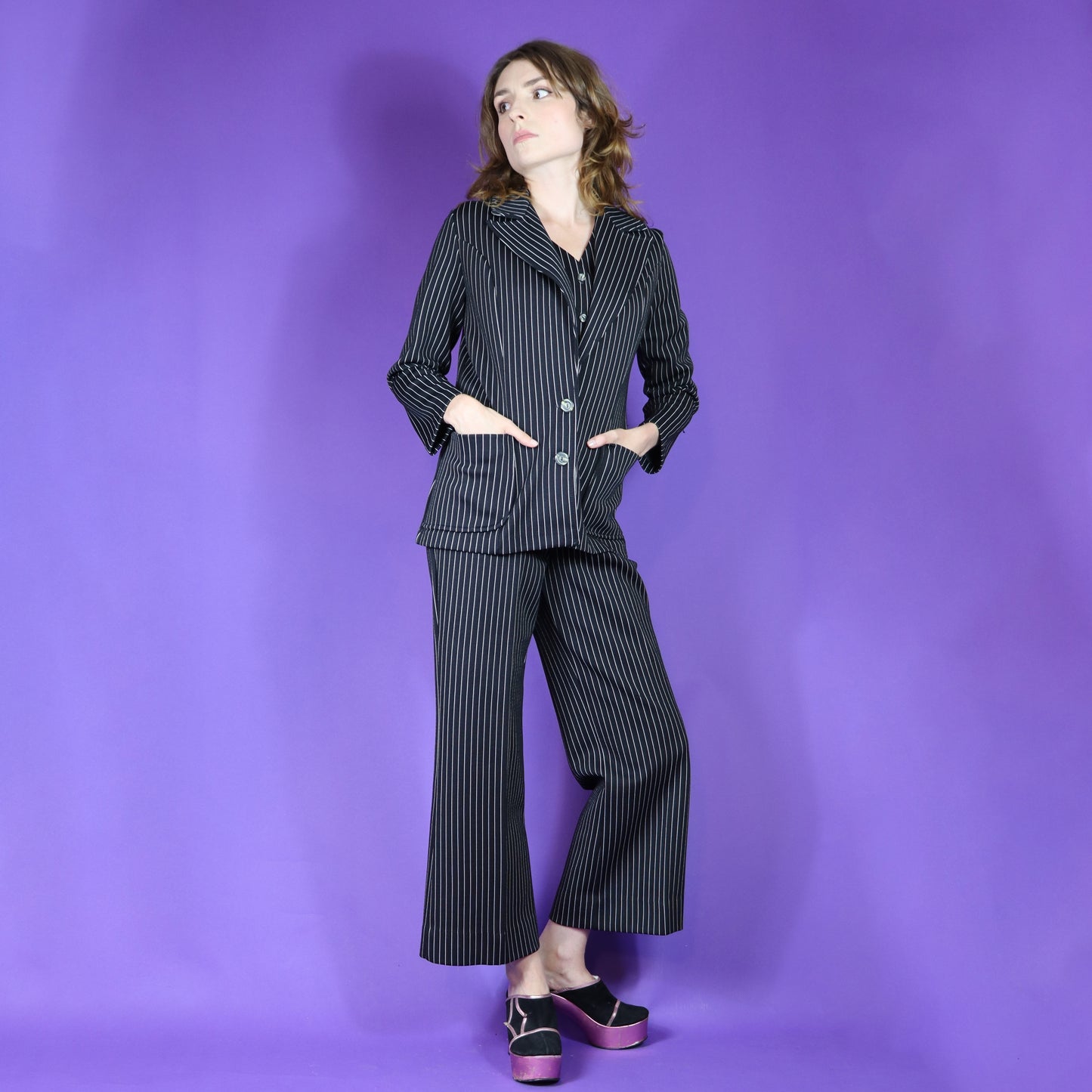 Vintage 1970s Black Pinstripe 3 Piece Pant Suit