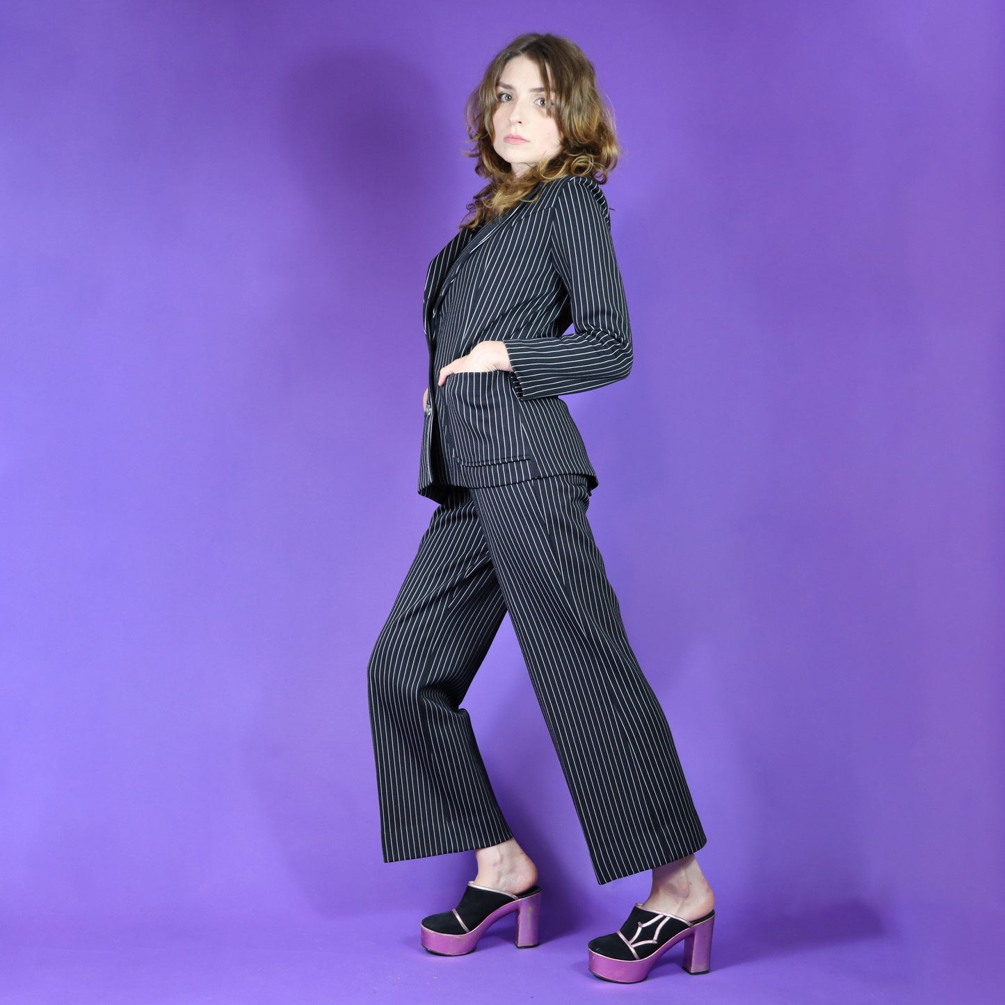 Vintage 1970s Black Pinstripe 3 Piece Pant Suit