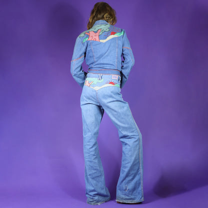 Vintage 1970s Faded Glory Appliqué Denim Suit