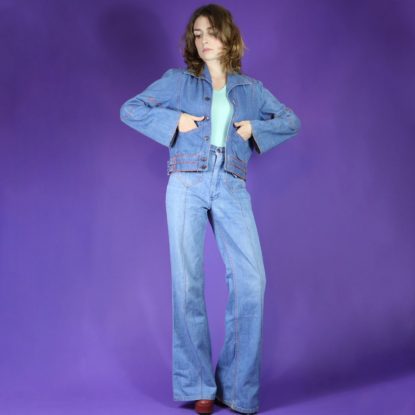 Vintage 1970s Faded Glory Appliqué Denim Suit