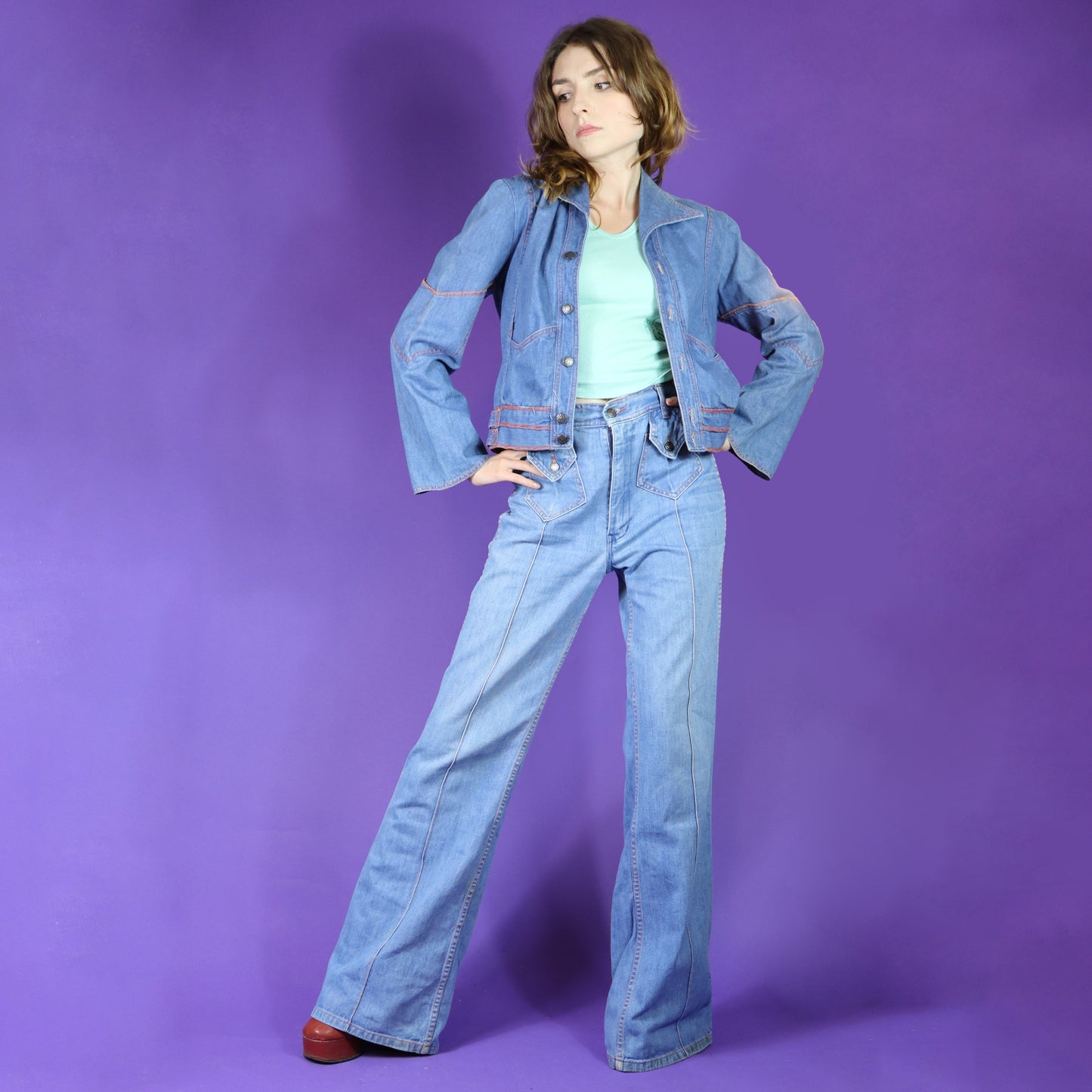 Vintage 1970s Faded Glory Appliqué Denim Suit