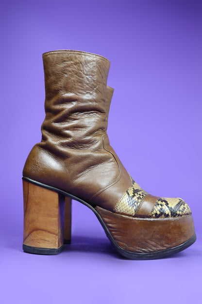 Vintage 1970s Snakeskin Trim Platform Boots