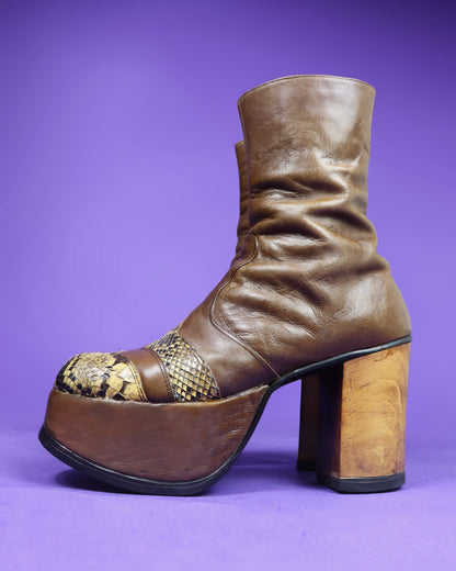 Vintage 1970s Snakeskin Trim Platform Boots