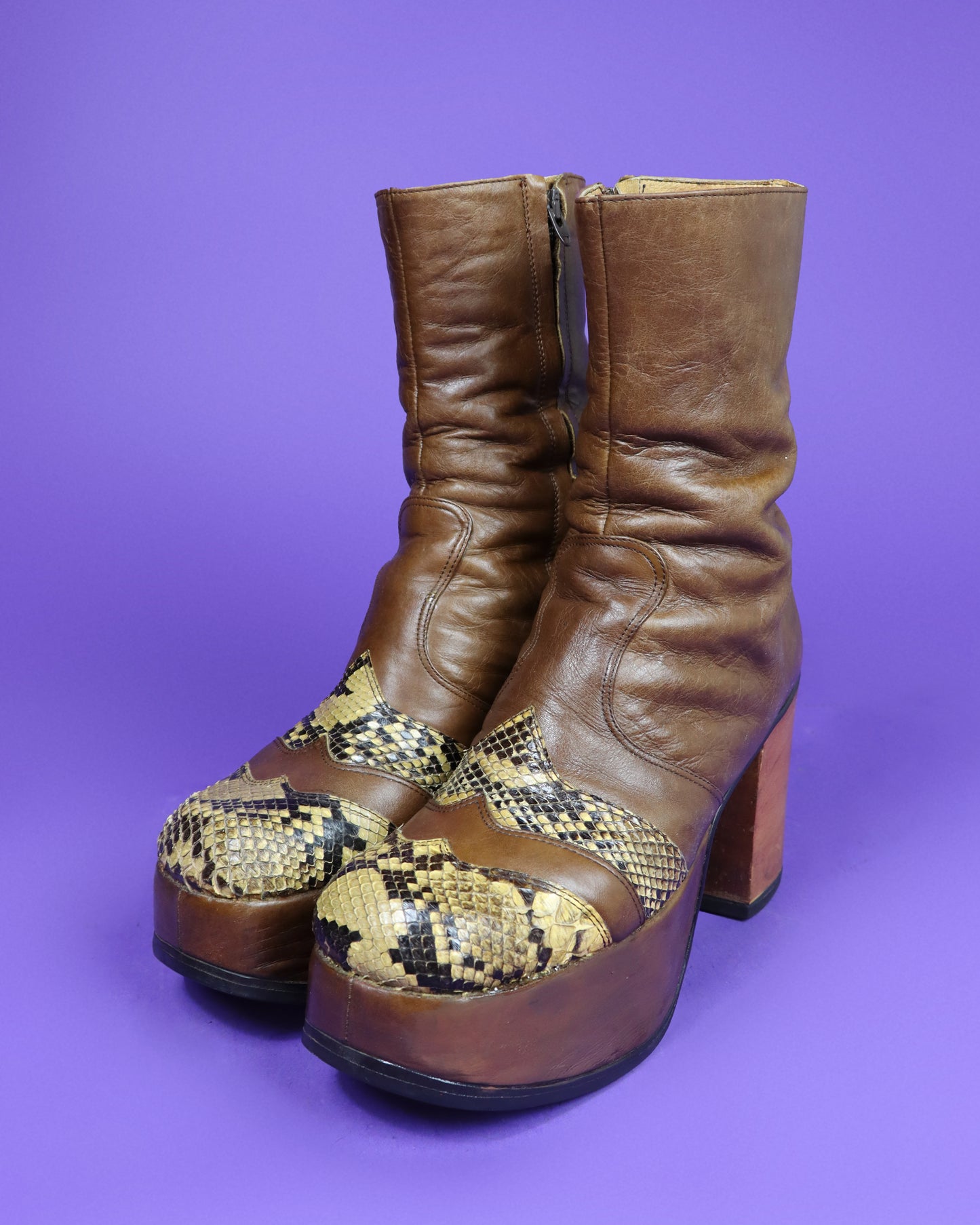 Vintage 1970s Snakeskin Trim Platform Boots