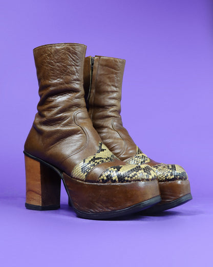 Vintage 1970s Snakeskin Trim Platform Boots