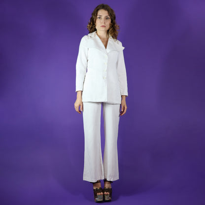 Vintage 1970s White Widespread Collar Pant Suit