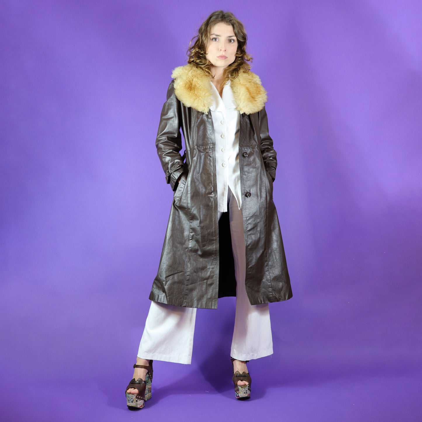 Vintage 1970s Sheepskin Trim Leather Trench Coat by Spinney