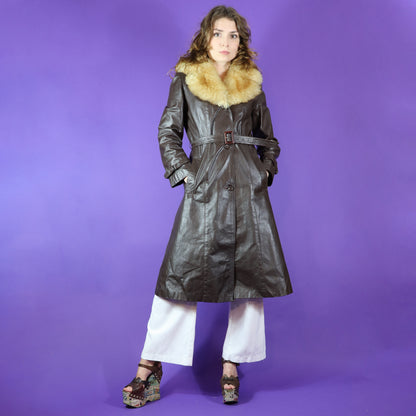 Vintage 1970s Sheepskin Trim Leather Trench Coat by Spinney