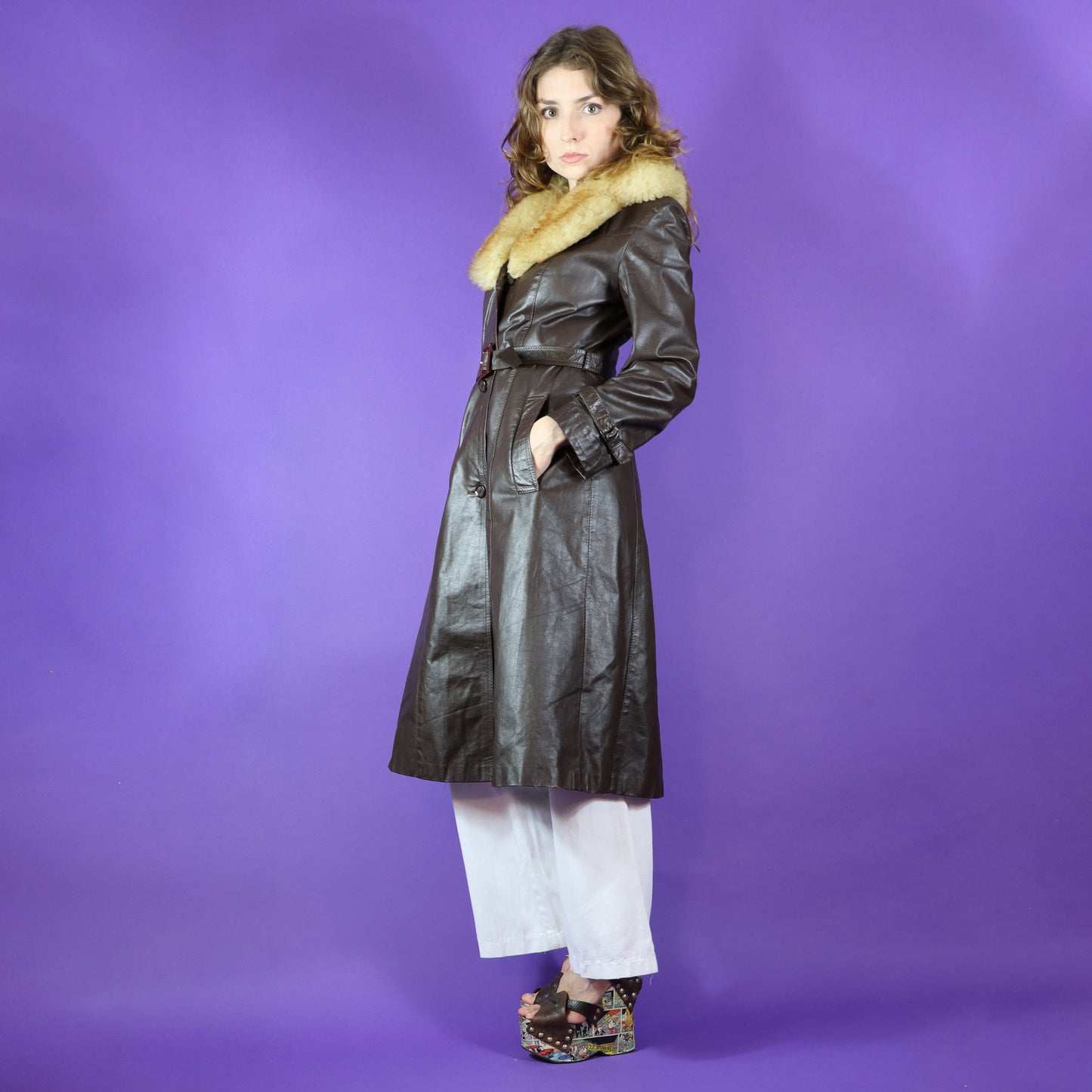 Vintage 1970s Sheepskin Trim Leather Trench Coat by Spinney