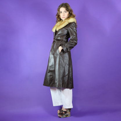 Vintage 1970s Sheepskin Trim Leather Trench Coat by Spinney