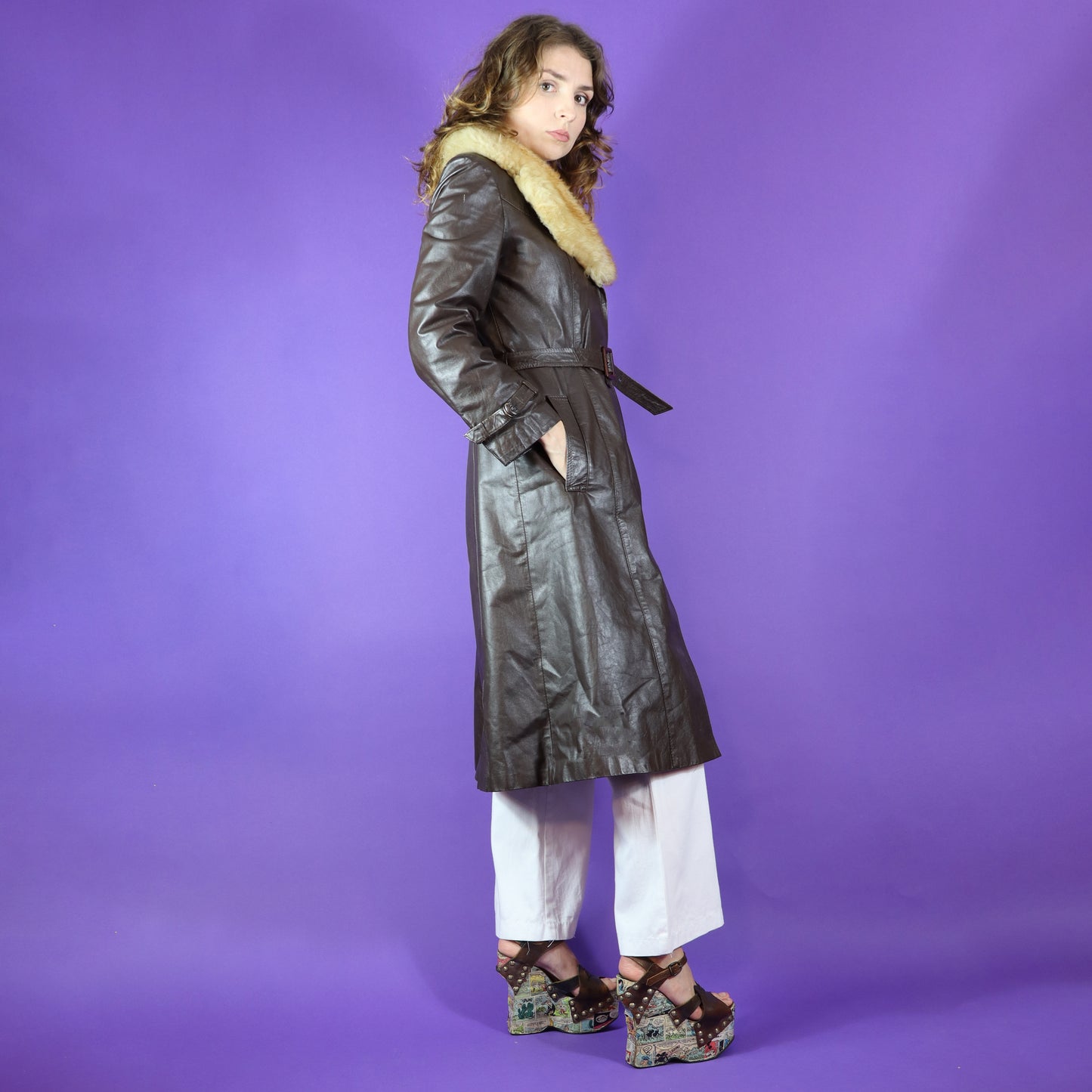 Vintage 1970s Sheepskin Trim Leather Trench Coat by Spinney