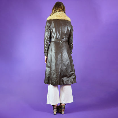 Vintage 1970s Sheepskin Trim Leather Trench Coat by Spinney