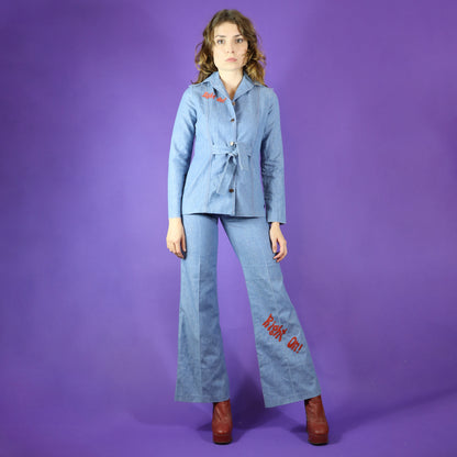 RESERVED: Vintage 1970s Right On! Embroidered Denim Pant Suit