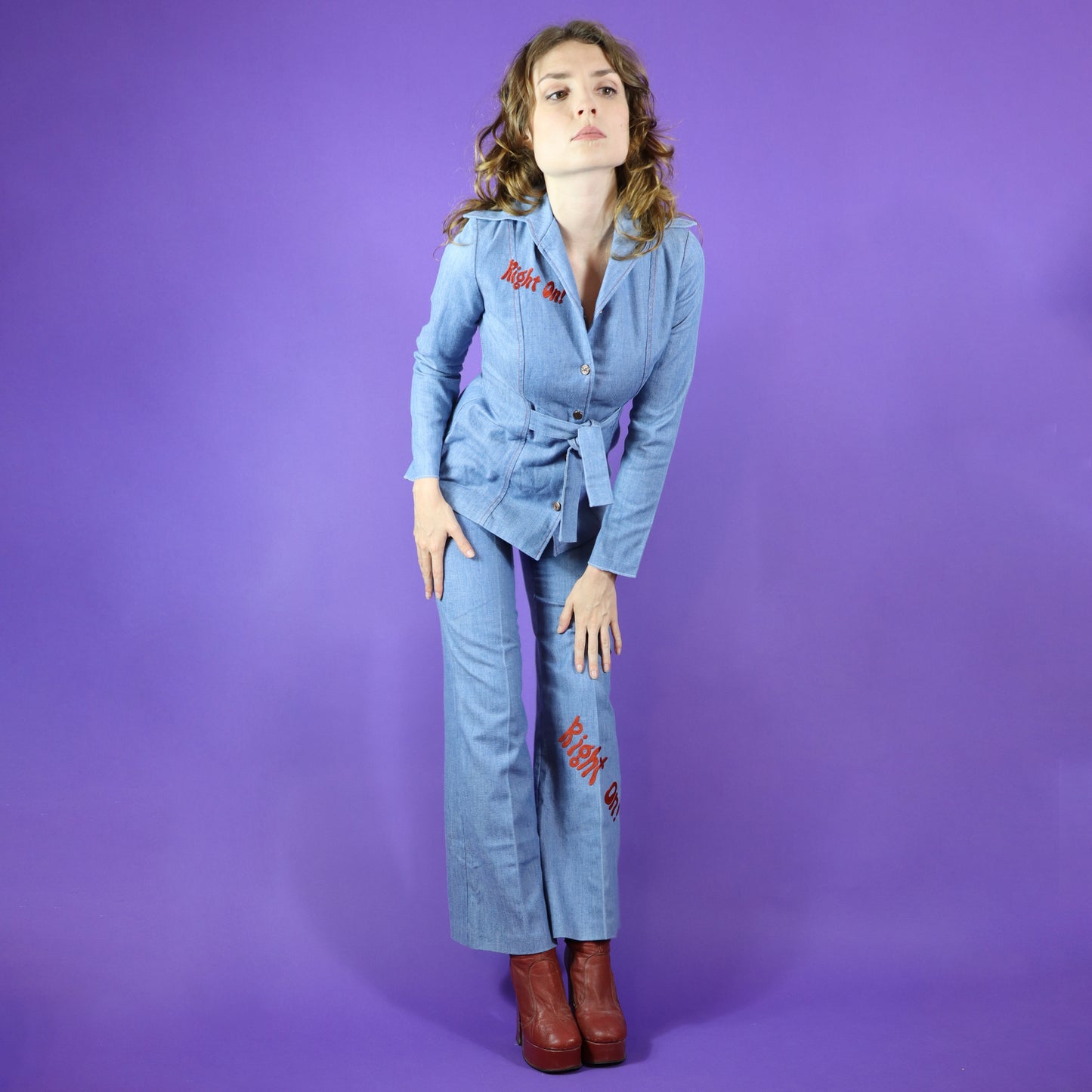 RESERVED: Vintage 1970s Right On! Embroidered Denim Pant Suit