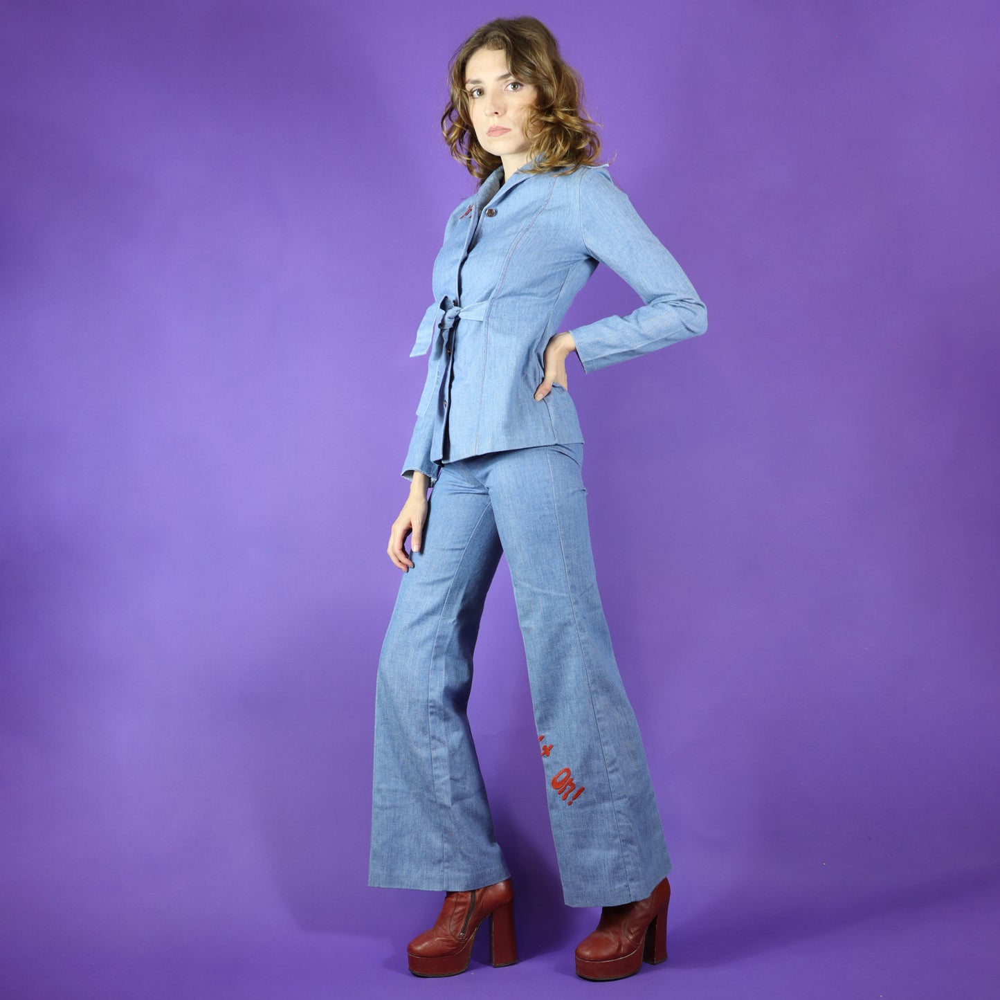 RESERVED: Vintage 1970s Right On! Embroidered Denim Pant Suit