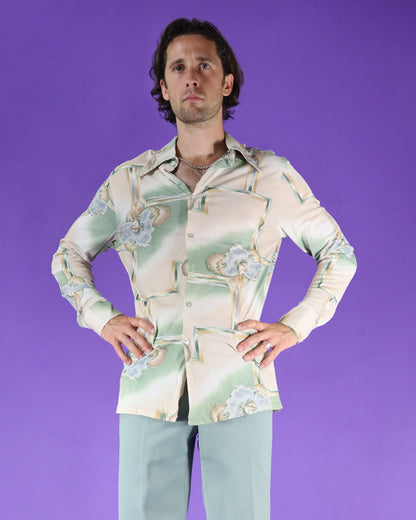 Vintage 1970s Disco Shirt Trees and Birds Print