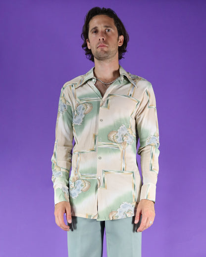 Vintage 1970s Disco Shirt Trees and Birds Print