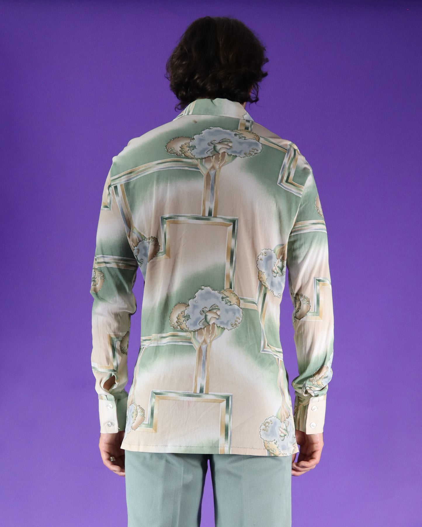 Vintage 1970s Disco Shirt Trees and Birds Print