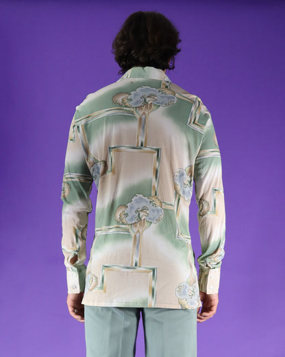 Vintage 1970s Disco Shirt Trees and Birds Print