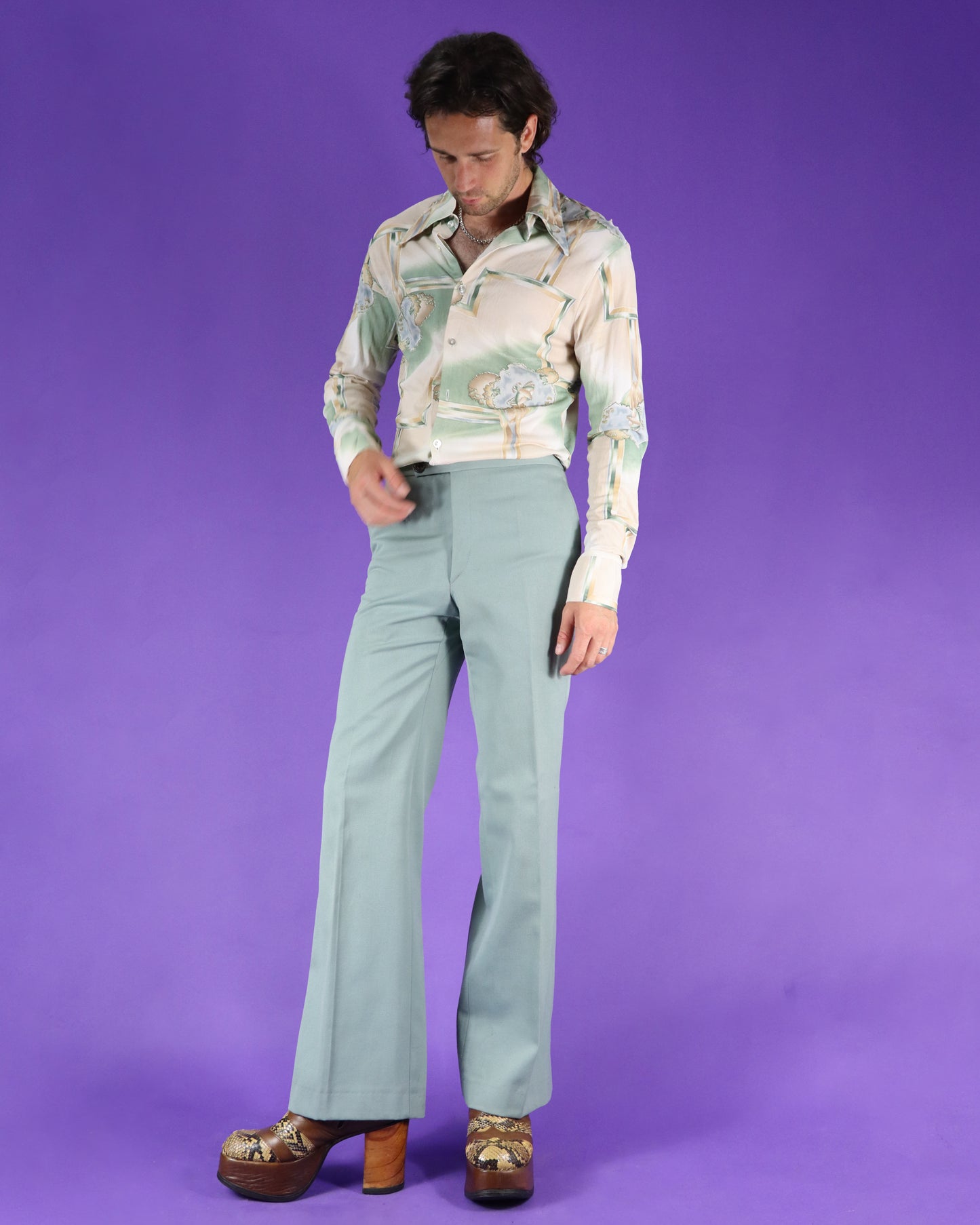 Vintage 1970s Disco Shirt Trees and Birds Print
