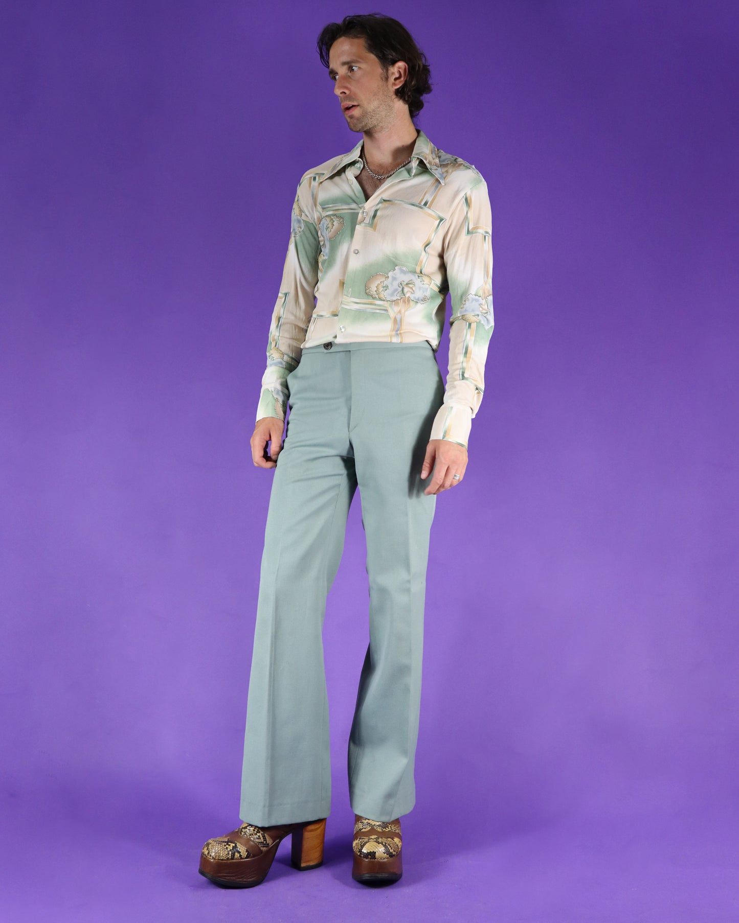 Vintage 1970s Disco Shirt Trees and Birds Print