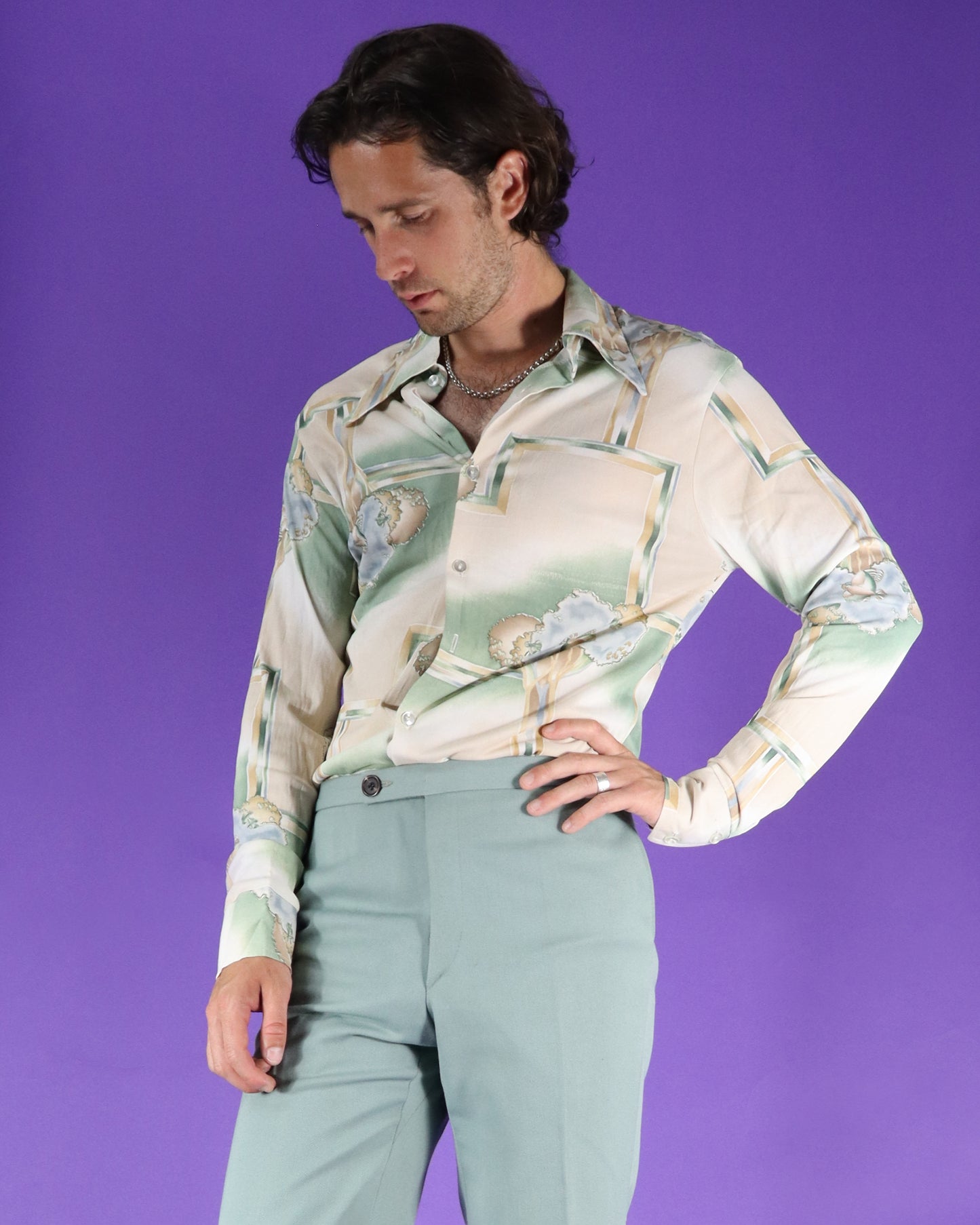 Vintage 1970s Disco Shirt Trees and Birds Print