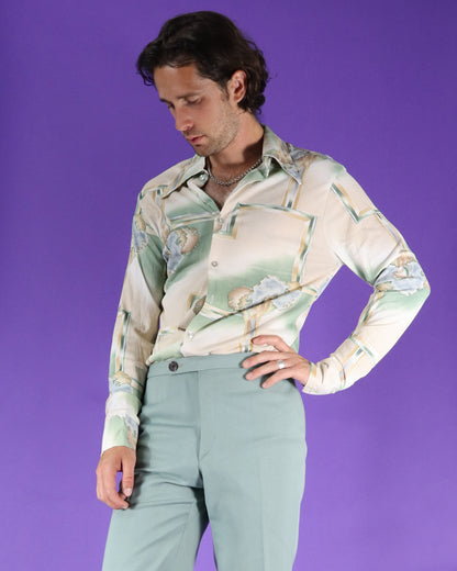 Vintage 1970s Disco Shirt Trees and Birds Print