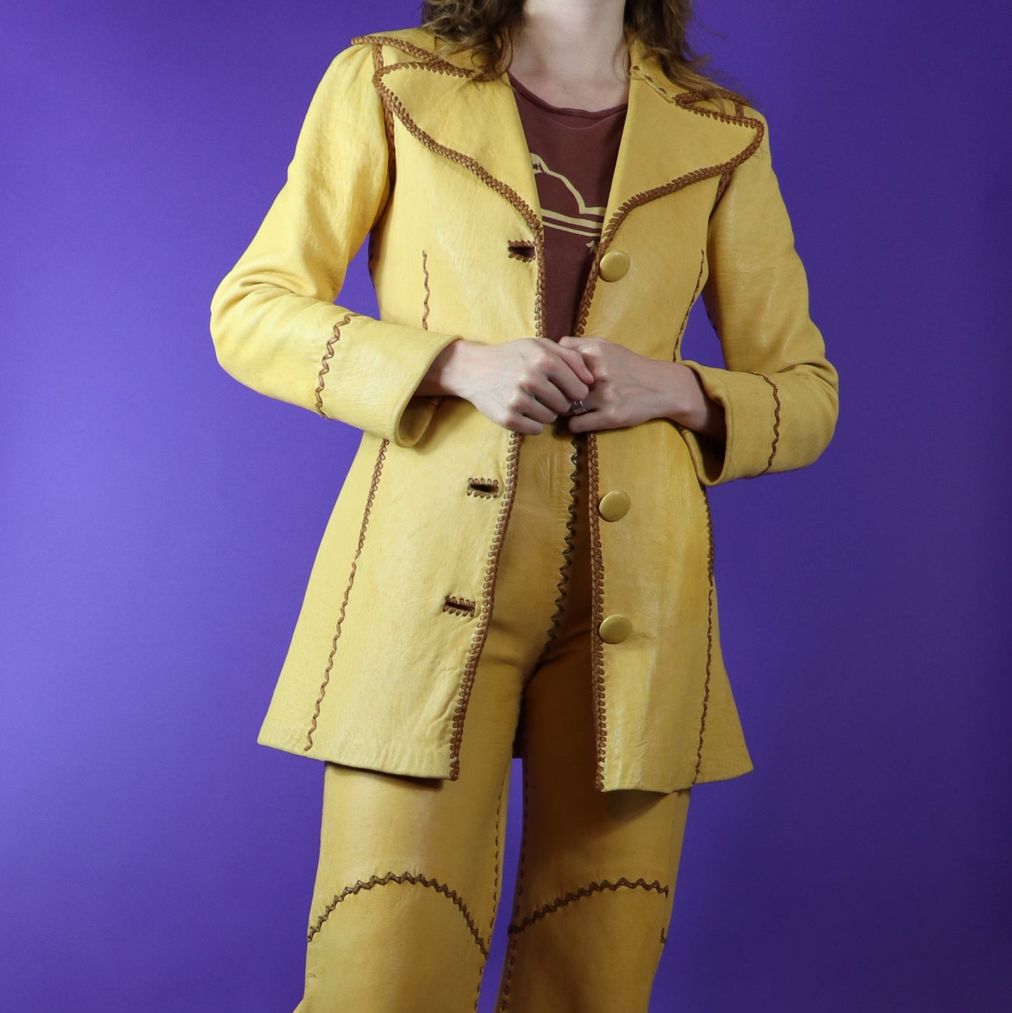 RESERVED:: Vintage 1970s North Beach Leather Yellow Whipstitch Suit