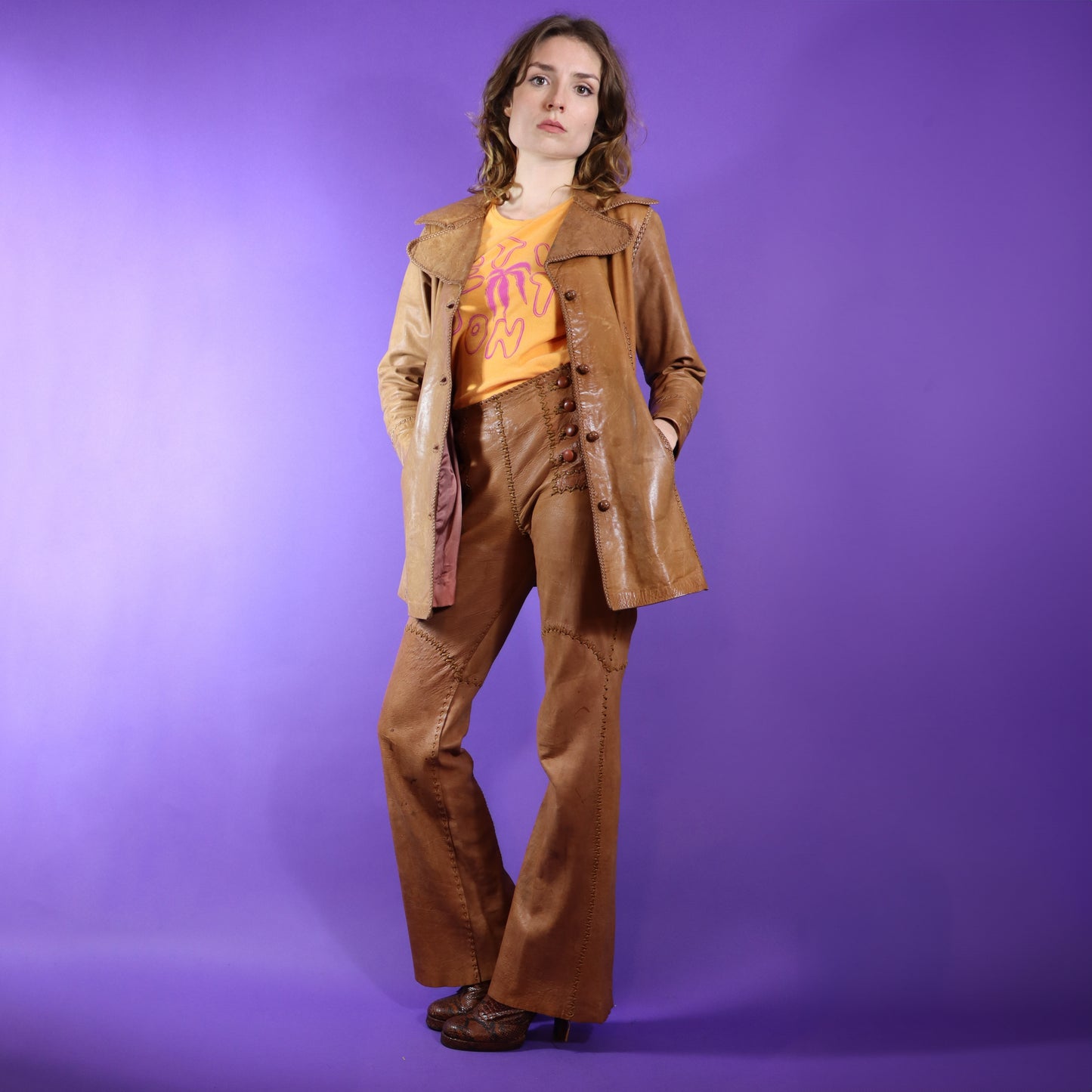 Vintage 1970s North Beach Leather Tan Whipstitch Coat